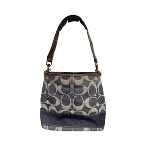 Vintage COACH Bag Denim Hobo Satchel Tote Signature Blue Stripe 11182 Brass